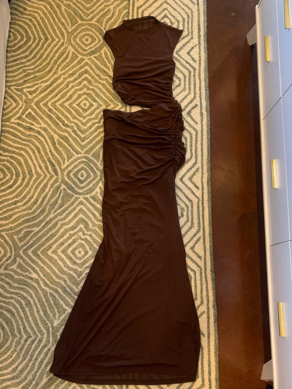 Peppermayo Chocolate Brown Ruched Maxi Dress